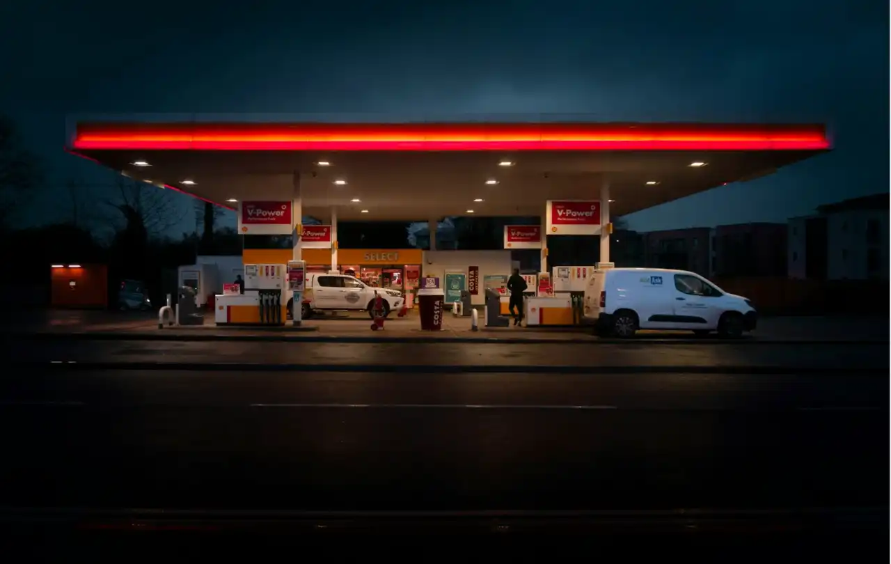 Modern petroleum fueling facility illustrating harsh environment applications for shielded low-voltage cable systems in oil and gas operations