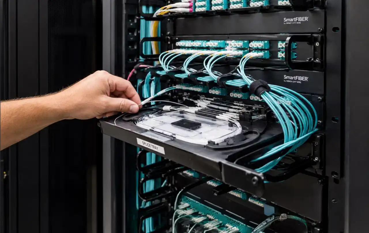 Close-up of technician managing a fiber optic splice tray and high‑density patch panels for high‑speed data center cabling.