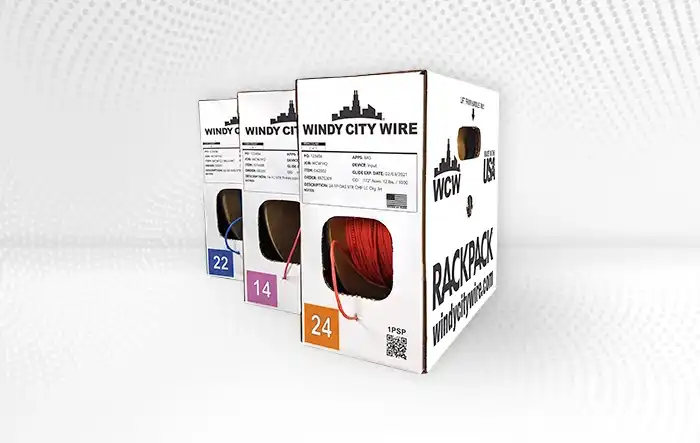 RackPack boxes from Windy City Wire displaying SmartWire low‑voltage cable