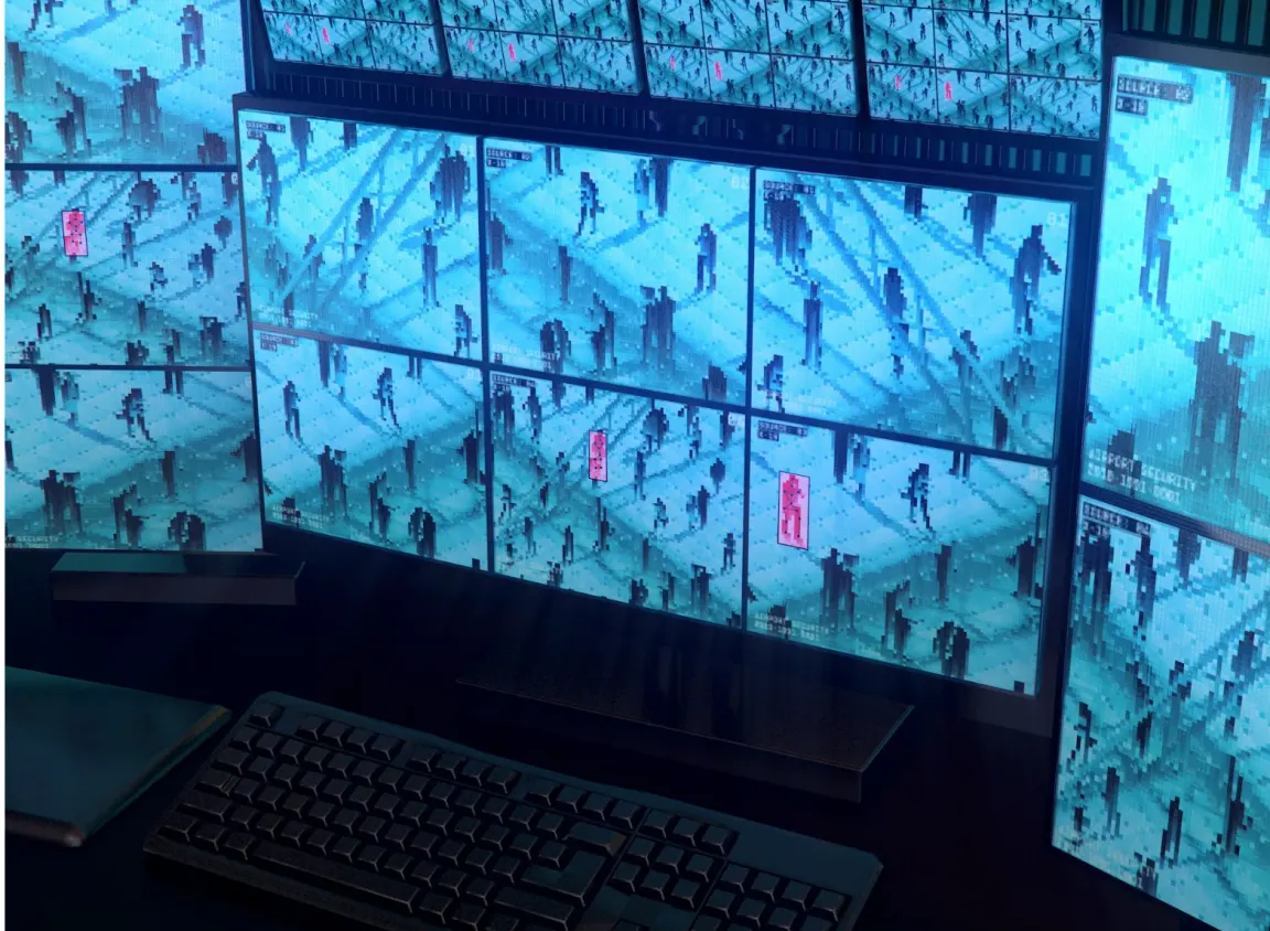 Commercial surveillance monitoring wall displaying multiple video feeds, illustrating CATV and coax infrastructure used for RF signal distribution across security networks