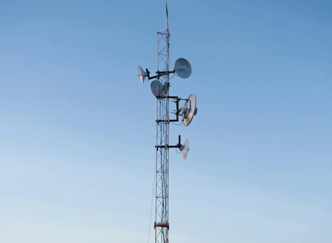Communications tower with multiple antennas and microwave dishes supporting digital media signal transmission for wireless broadcast, satellite, and RF communication systems.