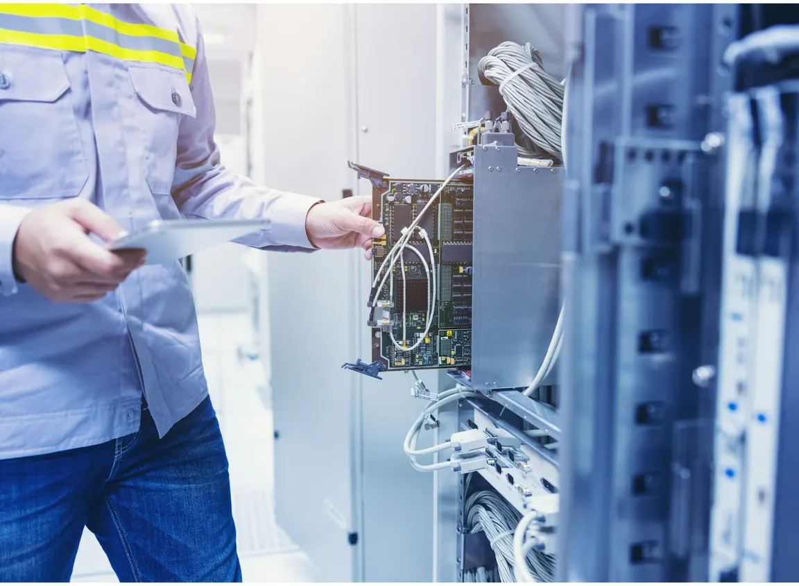 Technician connecting Ethernet cables in network equipment rack, illustrating structured cabling and how connectors impact maximum cable length in commercial networks