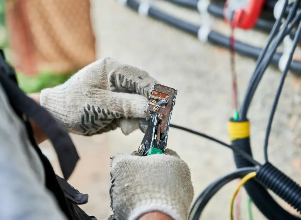 Technician terminating an outdoor Category 6 Ethernet cable during a commercial network installation, illustrating direct burial Cat6 and exterior cable deployment.