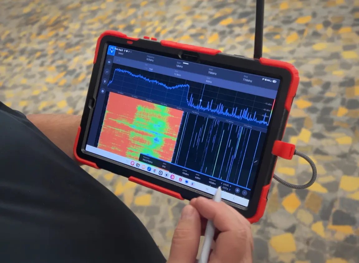 Windy City Wire technician using a tablet-based RF spectrum analyzer to perform ERCES public safety in‑building grid testing, with spectrum and waterfall graphs visible