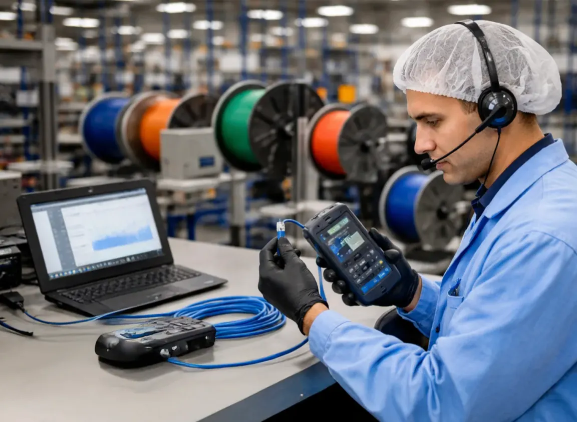 Technician inspecting and quality testing a blue category cable in a low voltage manufacturing facility.