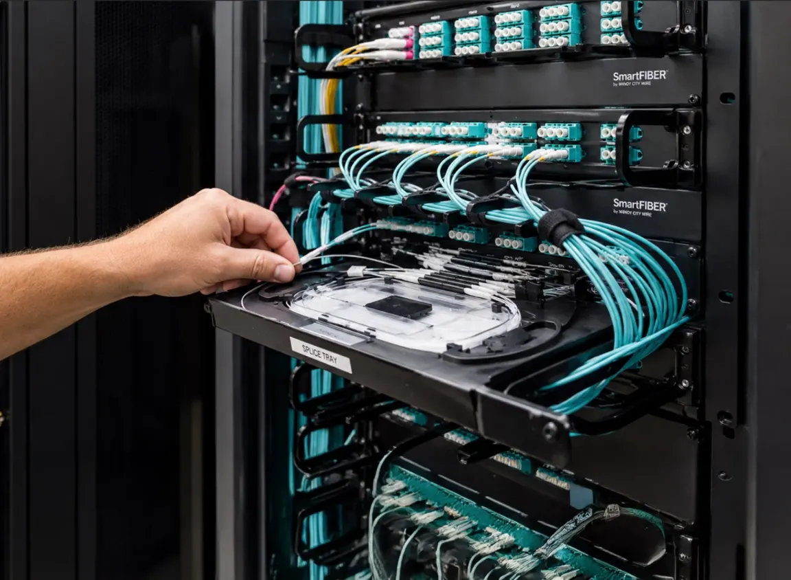 Close-up of technician managing a fiber optic splice tray and high‑density patch panels for high‑speed data center cabling.