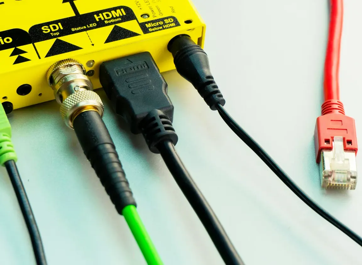 Close-up of a yellow electronic device with SDI, HDMI, power, and Ethernet cables connected, shown on a light-colored surface.