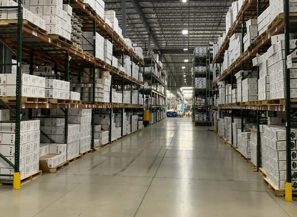 Warehouse racks filled with SmartWire boxes at a Windy City Wire stocking location.