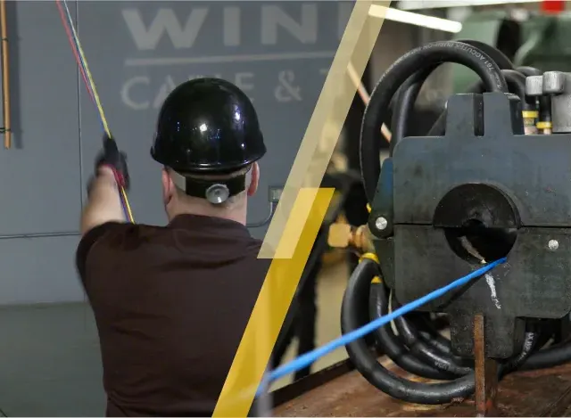 Split image showing a technician pulling multi‑color low‑voltage cables and a close‑up of SmartWire with SmartWire Glide exiting a machine