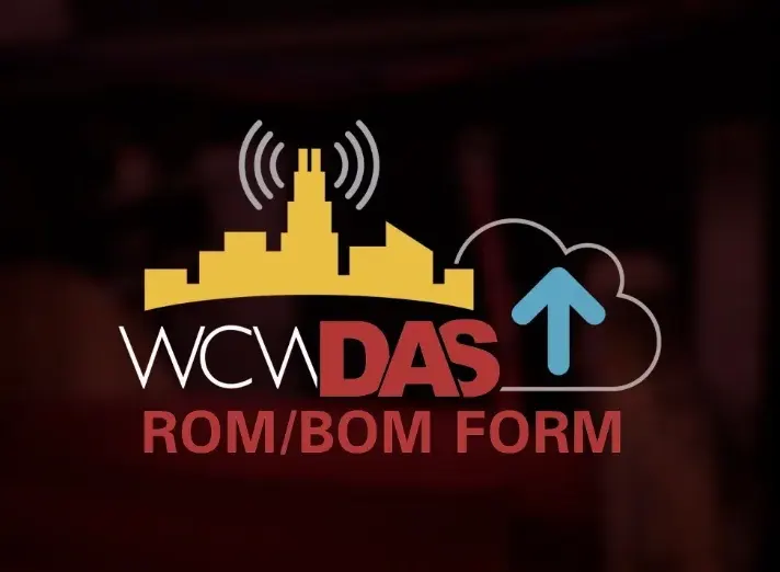 Windy City Wire DAS ROM/BOM Request Form graphic for DAS quoting, showing a Chicago skyline with wireless signal waves and a cloud upload arrow