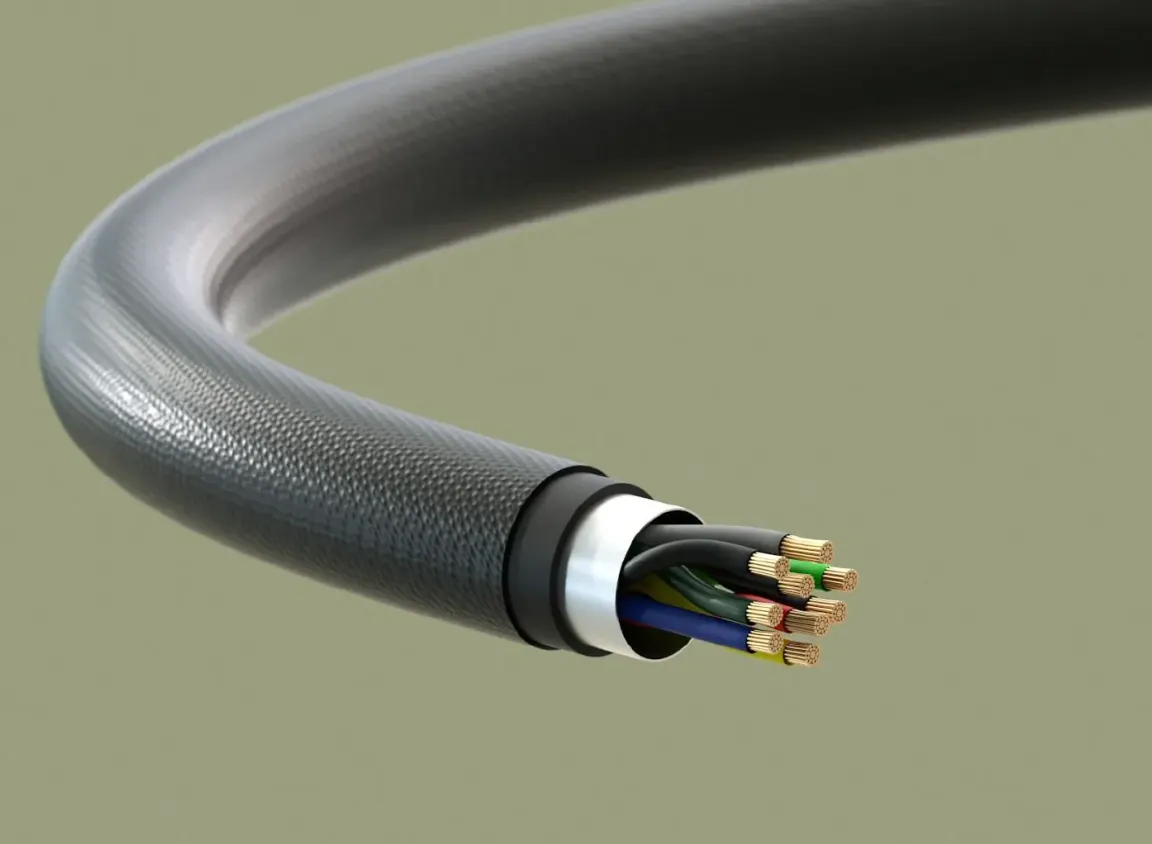 Close-up illustration of a low-voltage industrial cable showing stranded copper conductors, insulated wires, and a durable protective jacket designed for demanding environments.